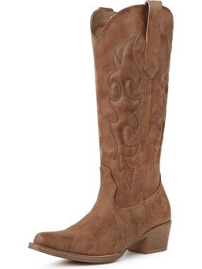 Women's Dark Brown Knee High Western Cowgirl Boots with Snip Toe Side Zipper